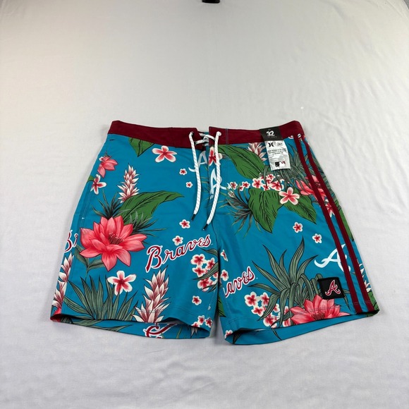 Hurley Other - Atlanta Braves Hurley Board Shorts Mens Size 32 Blue Floral Bathing Suit MLB NEW